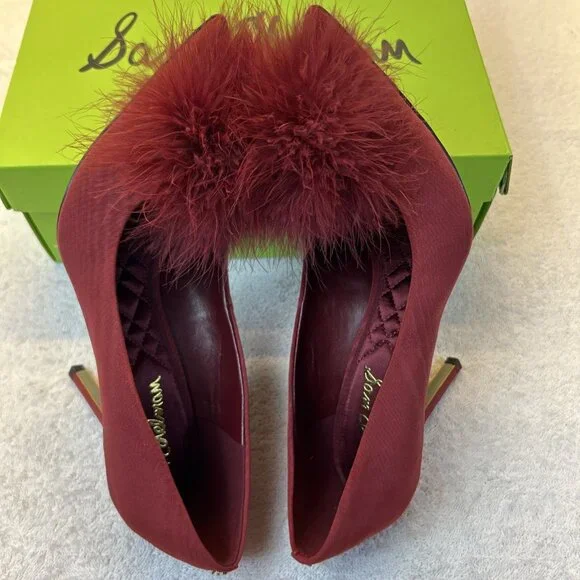 Sam Edelman Hazel Plush Red Silk Pump Stiletto Feather Women SZ 9 New in Box - Picture 4 of 10